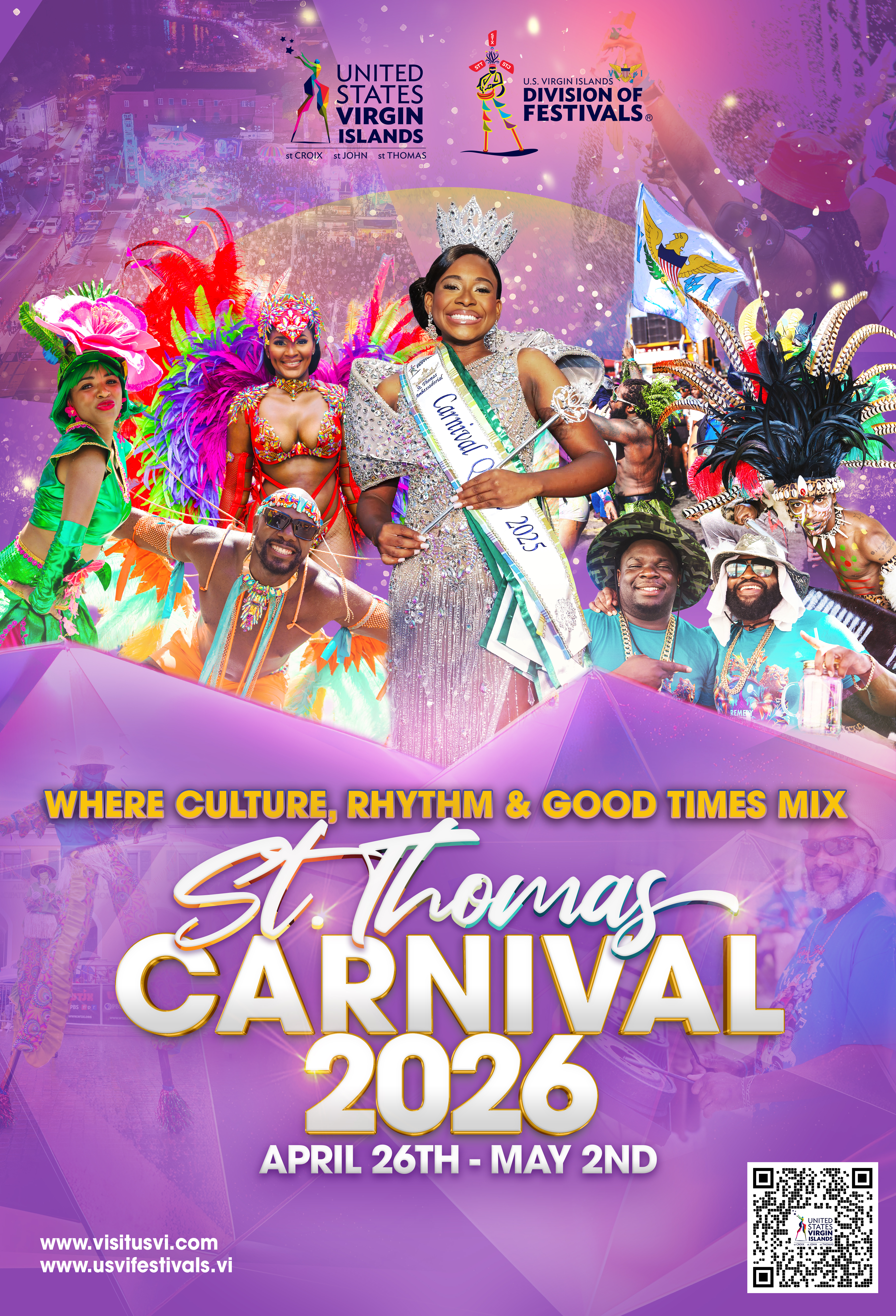 St. Thomas Carnival 2026 flyer featuring dancers in cultural dress, a pageant queen with crown and sash and festival goers having a great time