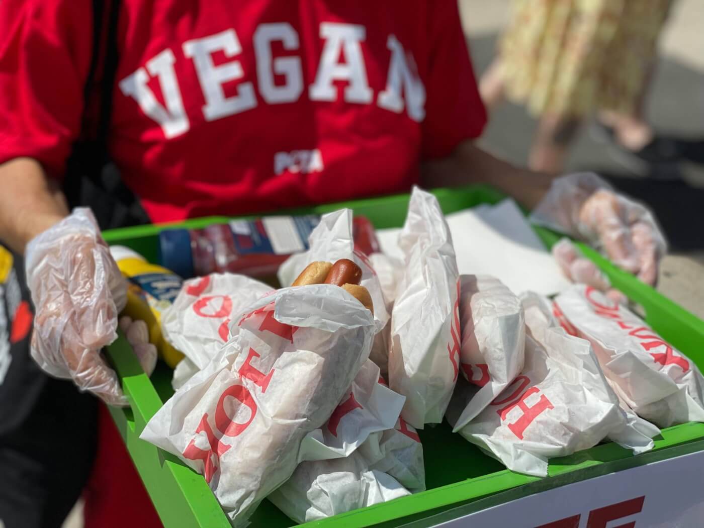 A person holding a tray of hot dogsAI-generated content may be incorrect.