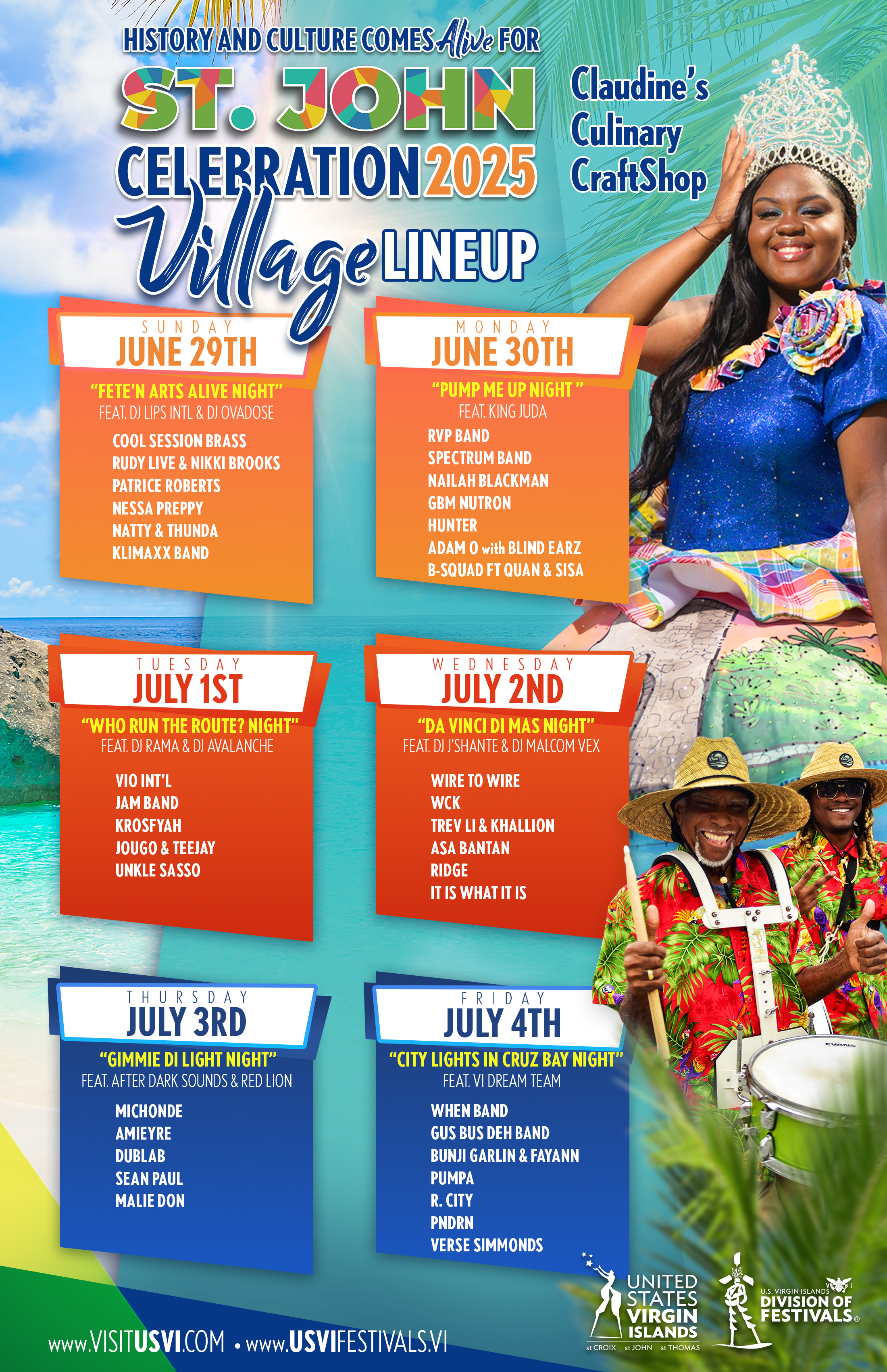 The flyer for the 2025 St. John Celebration featuring a woman in a large crown and cultural dress smiling