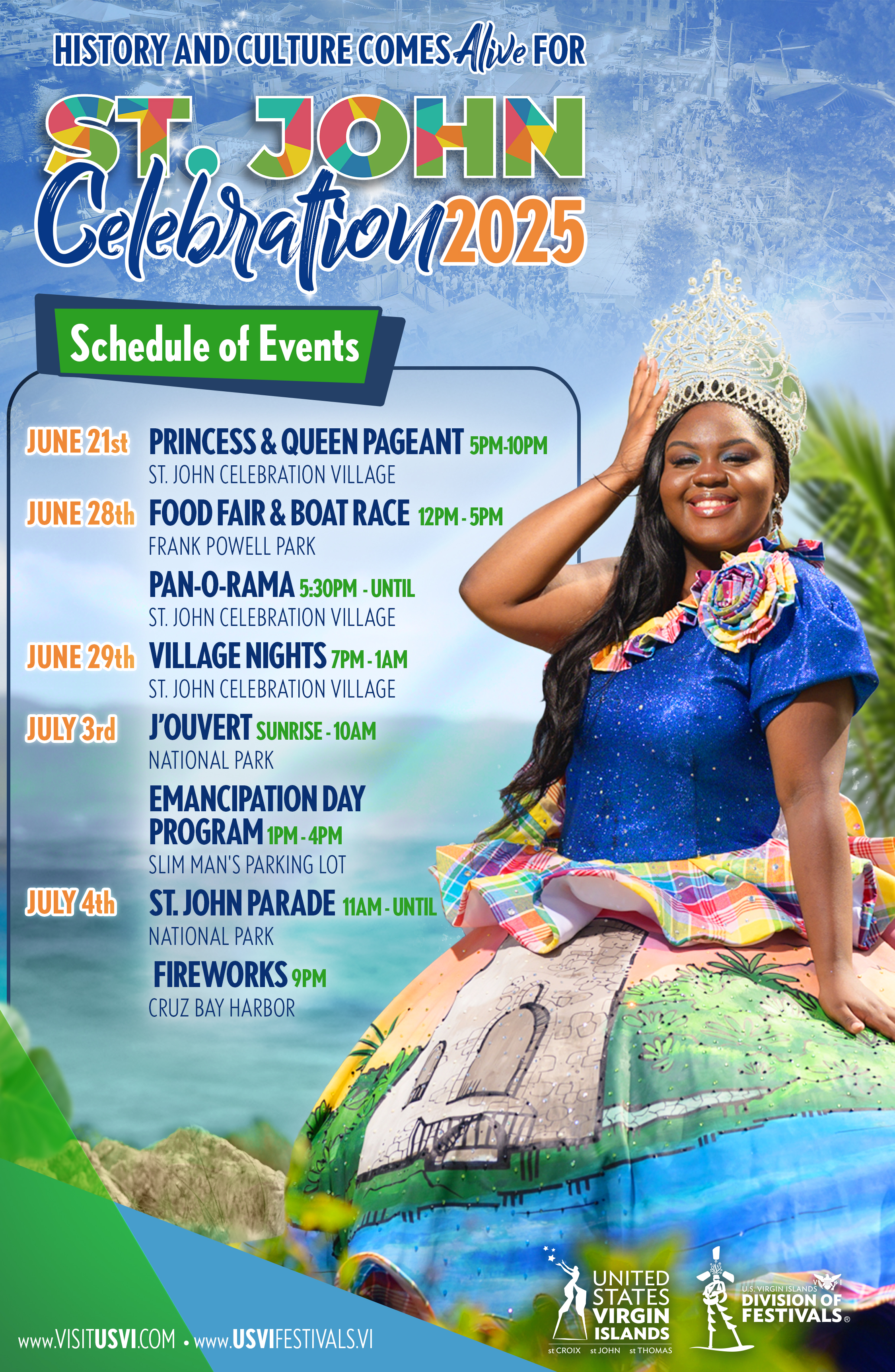 The schedule of events for the 2025 St. John celebration featuring a woman in a large crown and cultural dress amongst a tropical background