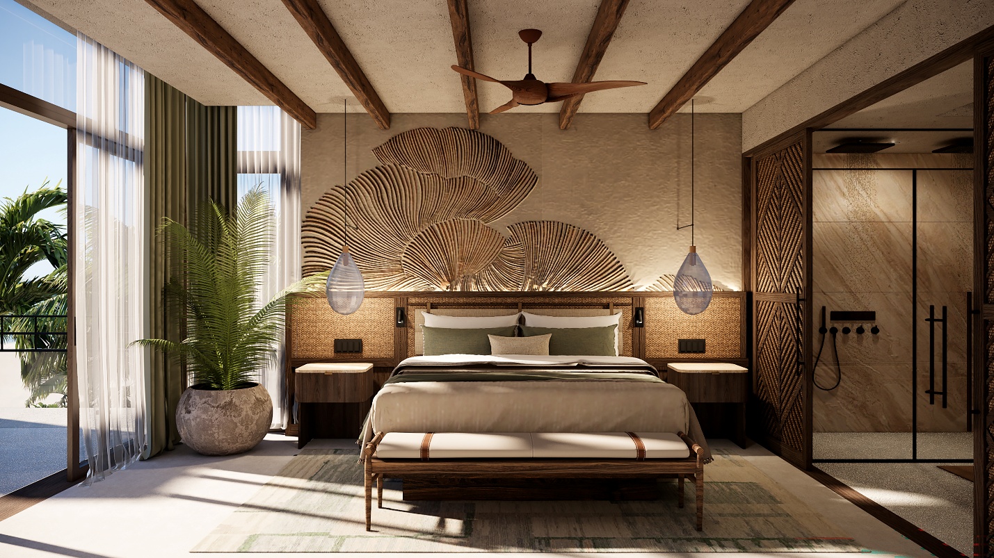 A room with a bed and a plantAI-generated content may be incorrect.